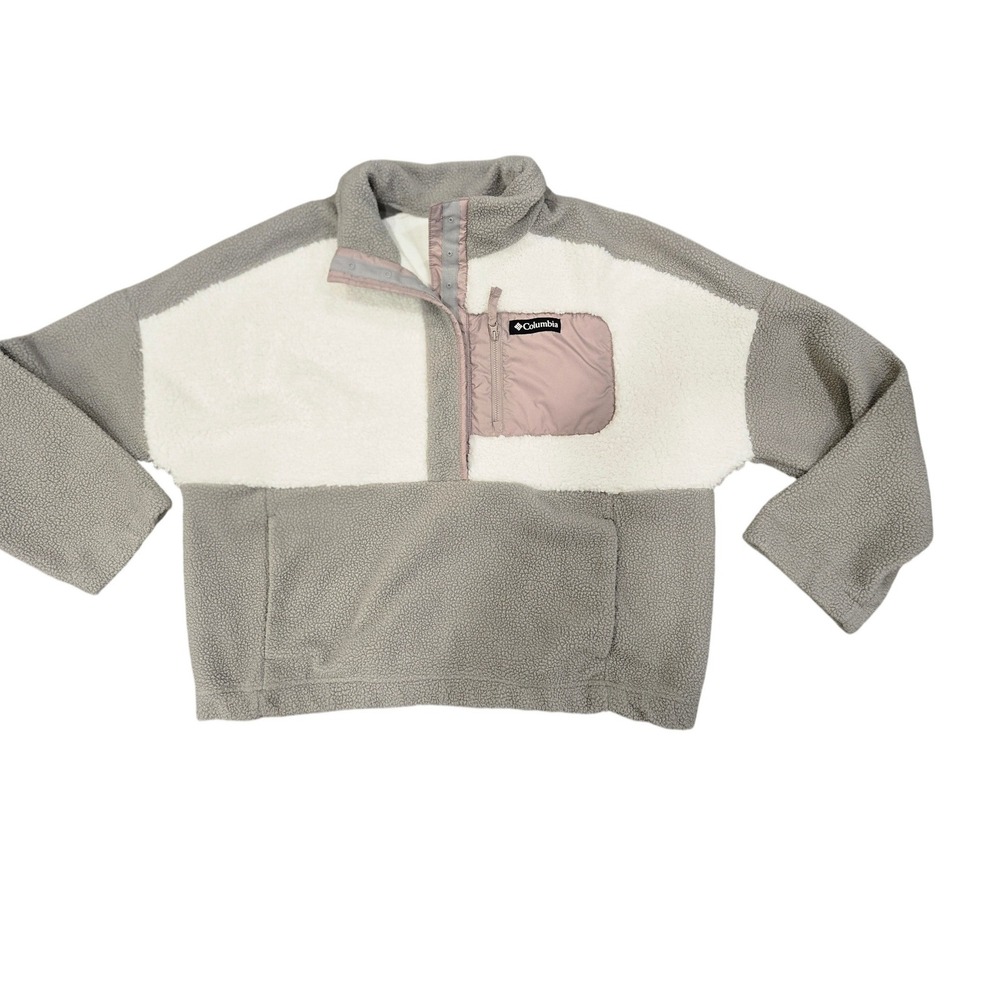 Columbia Womens Sherpa Fleece Pullover Snap Mock Neck Grey Cream XXL XP3671